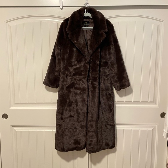 HOUSE OF HARLOW 1960 Faux Fur Chocolate Brown Long Coat Jacket size large - Picture 2 of 13